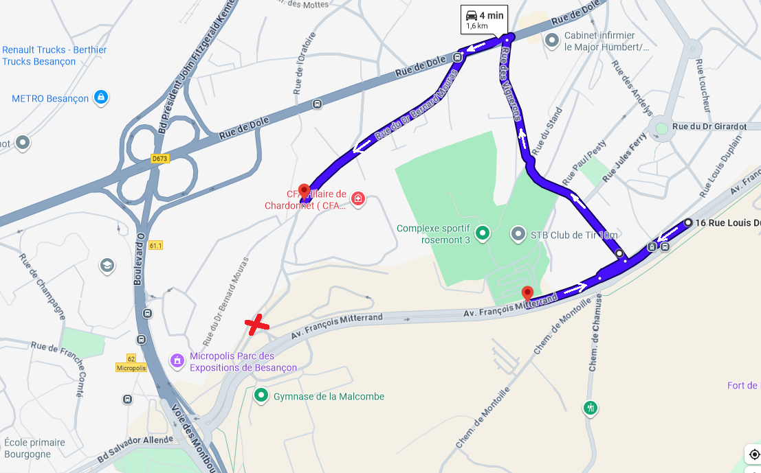 Itinéraire de déviation depuis l'avenue Mitterrand pour rejoindre la rue Mouras